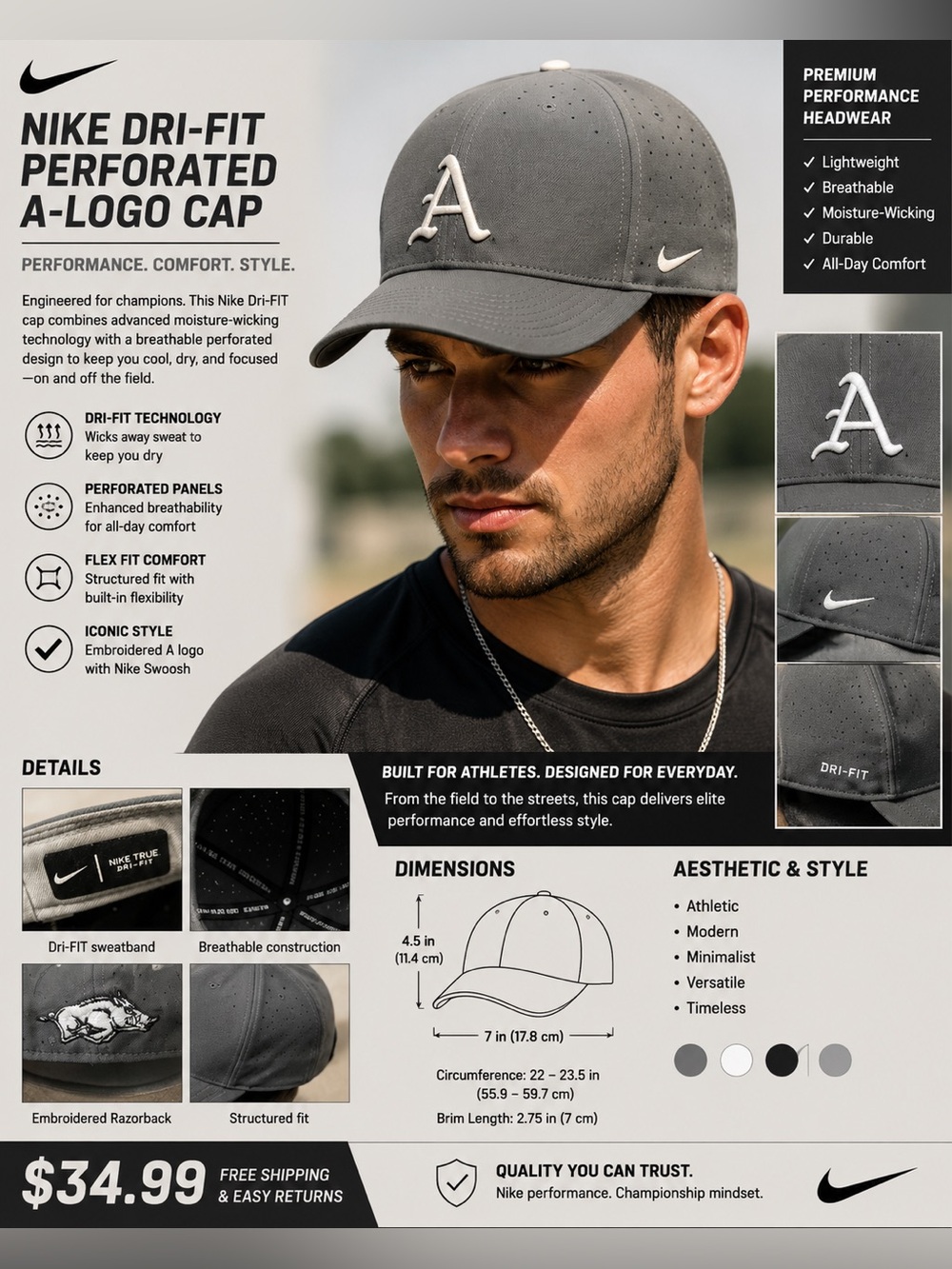 Nike Gray Cap with White 'A' Embroidered Logo